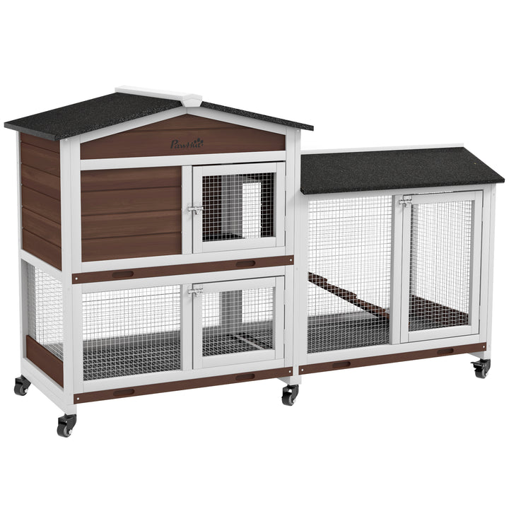 Casota para Coelhos de Madeira com Rodas 157,4x53x99,5 cm Gaiola Grande com Telhado Asfáltico, Tabuleiros Removíveis e Rampa para Exterior e Interior Castanho