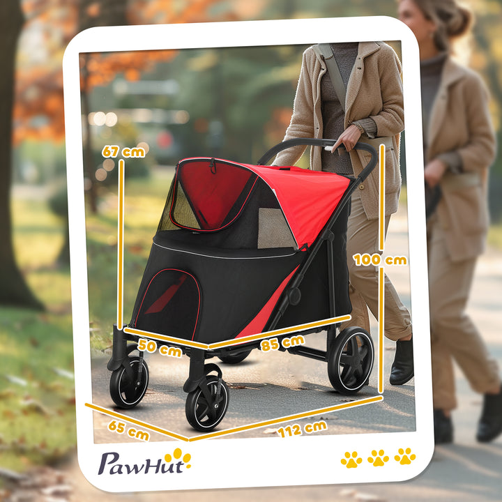 Carrinho para Cães Dobrável Carrinho para Animais de Estimação com Janelas de Malha Cinto de Segurança e Bolsos de Armazenamento Carga Máxima 40 kg 112x65x100 cm Vermelho