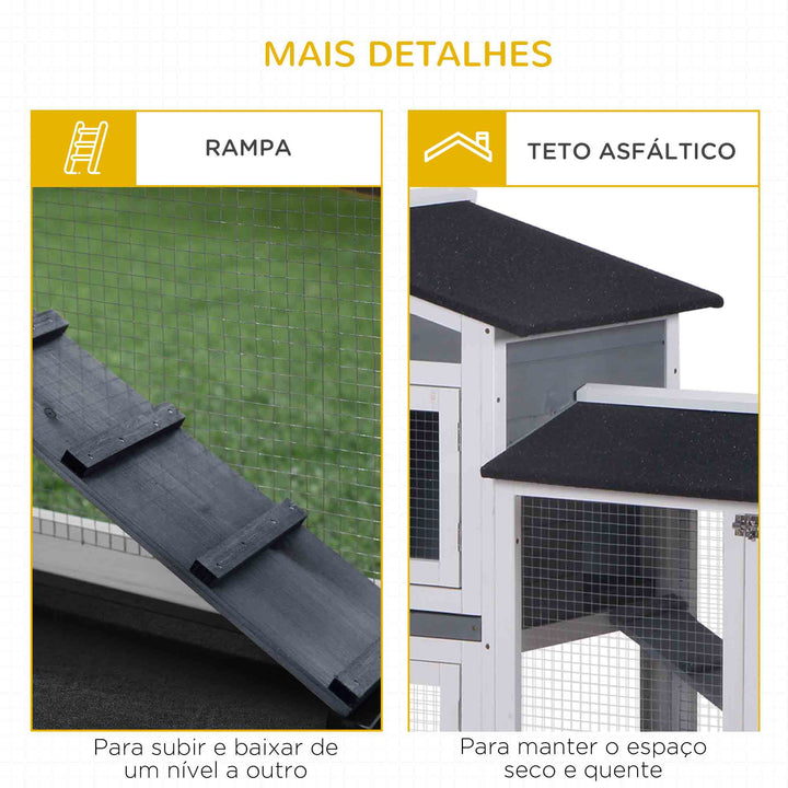 Coelheira de Madeira Exterior Gaiola para Coelhos de 2 Níveis com Teto Asfáltico 2 Cercados de Metal Bandeja Removível 3 Portas e Rampa 157,4x53x93,5 cm Cinza