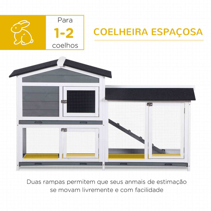 Coelheira de Madeira Exterior Gaiola para Coelhos de 2 Níveis com Teto Asfáltico 2 Cercados de Metal Bandeja Removível 3 Portas e Rampa 157,4x53x93,5 cm Cinza