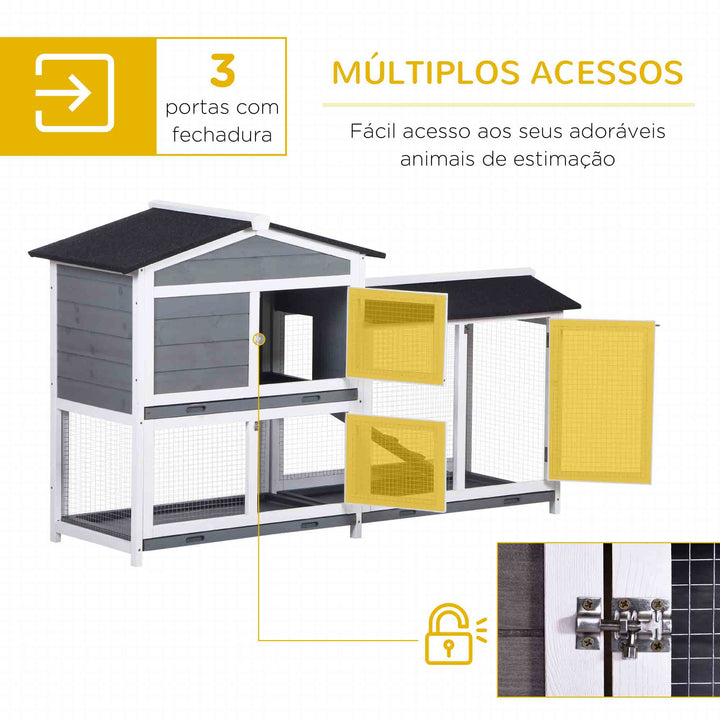 Coelheira de Madeira Exterior Gaiola para Coelhos de 2 Níveis com Teto Asfáltico 2 Cercados de Metal Bandeja Removível 3 Portas e Rampa 157,4x53x93,5 cm Cinza