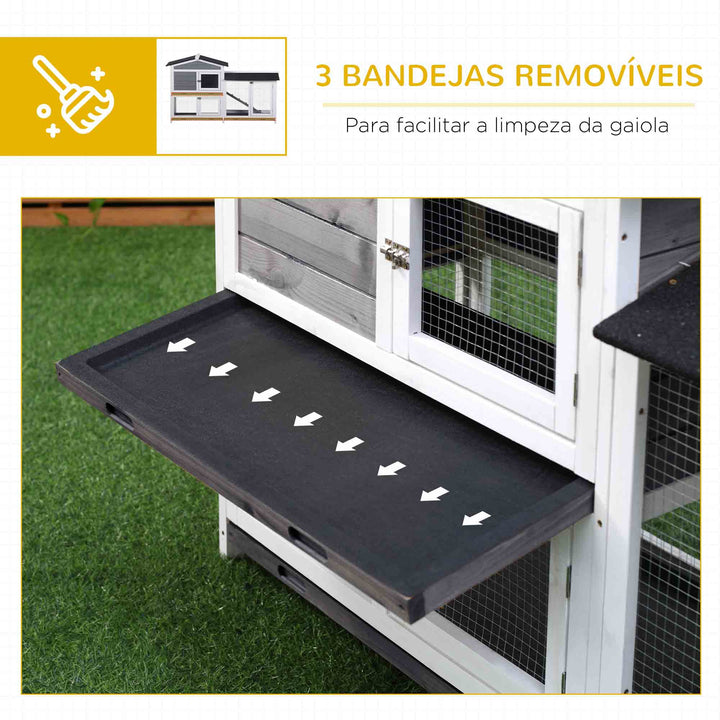 Coelheira de Madeira Exterior Gaiola para Coelhos de 2 Níveis com Teto Asfáltico 2 Cercados de Metal Bandeja Removível 3 Portas e Rampa 157,4x53x93,5 cm Cinza