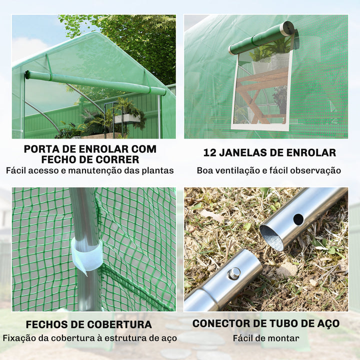Estufa de jardim Tipo túnel para cultivo com 12 janelas e porta de enrolar Aço e PE 800x300x200 cm Verde