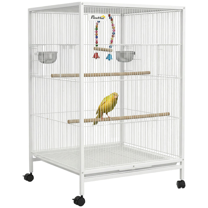 Gaiola para Pássaros com Rodas Gaiola de Aço com Poleiros Baloiço Bandeja Removível e Tigelas de Aço Inoxidável Grande para Papagaios Canários Periquitos 48x46x78 cm Branco