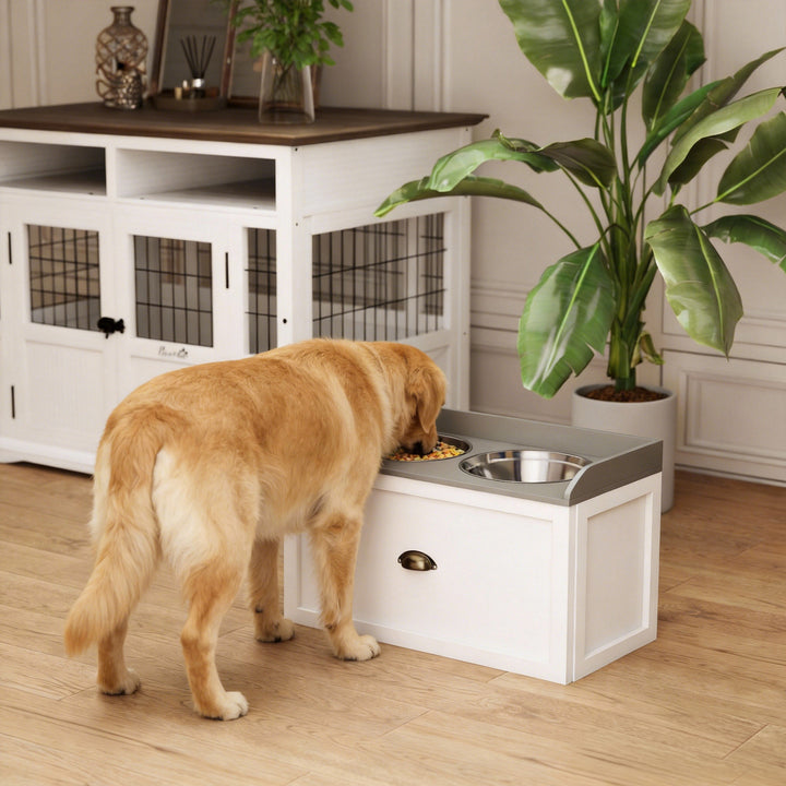 Comedouro Elevado para Cães Comedouro para Cães com 2 Tigelas 2000ml de Aço Inoxidável Gaveta Oculta com Suporte de Madeira para Animais de Estimação 60x30x36cm Branco
