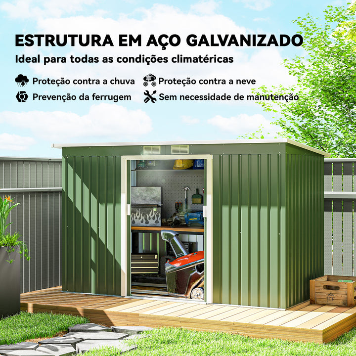 Abrigo de Jardim 280x130x172cm Abrigo de Exterior de Aço Galvanizado com Porta Corredeira e Ventilações para Armazenamento de Ferramentas Verde Claro