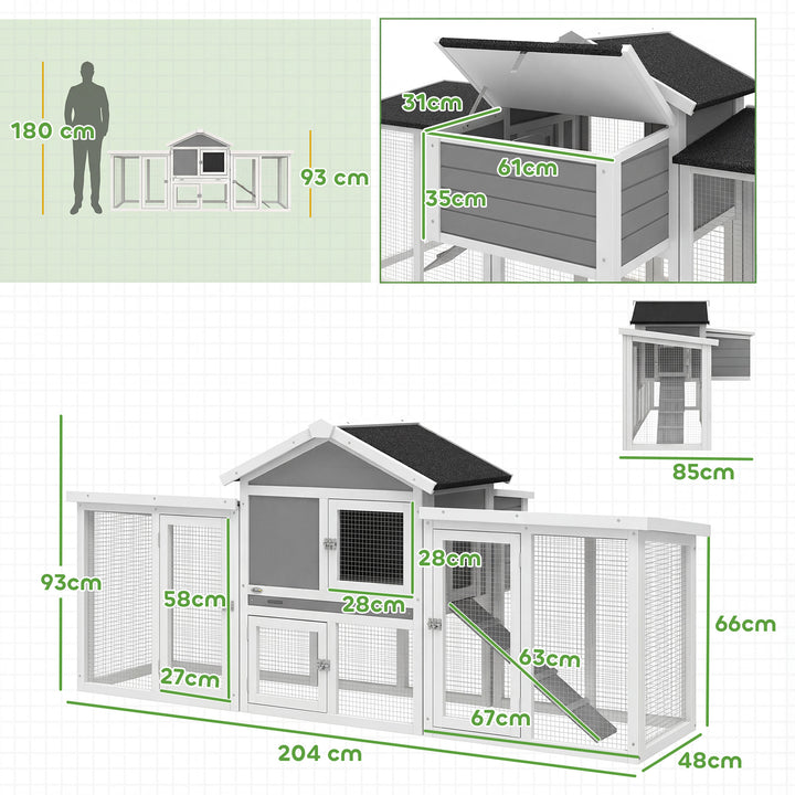 Galinheiro Grande para Exterior de Madeira 204x85x93 cm com Caixa de Nidificação Cercado Bandeja Removível Telhado Impermeável, Rampa e Poleiro Cinzento