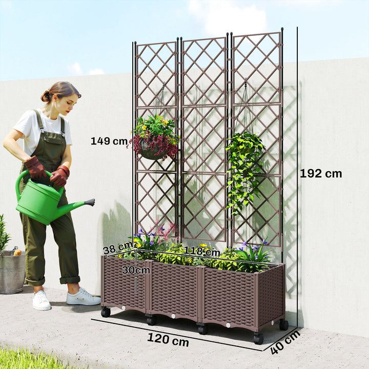 Floreira com Treliça Floreira Exterior Grande com Rodas para Plantas Trepadeiras com Orifícios de Drenagem e Tampões Floreira Elevada para Jardim Pátio Terraço 120x40x192 cm Castanho