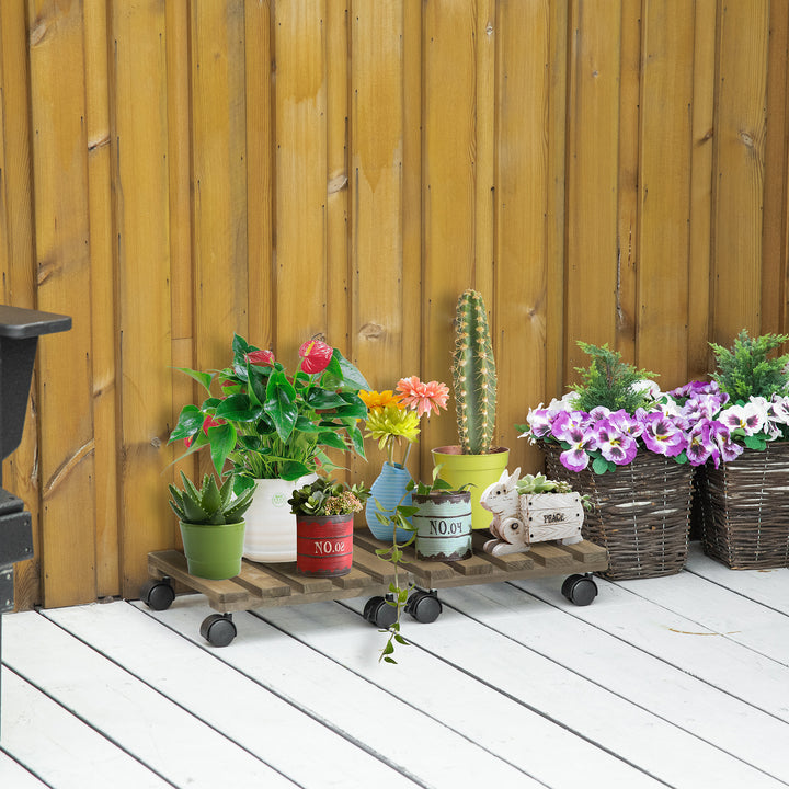 Conjunto de 2 Suportes de Madeira com Rodas Suportes para Plantas com Rodas Giratórias 360° e Travão Bases para Vasos de Interior e Exterior Carga 50 kg Castanho Escuro