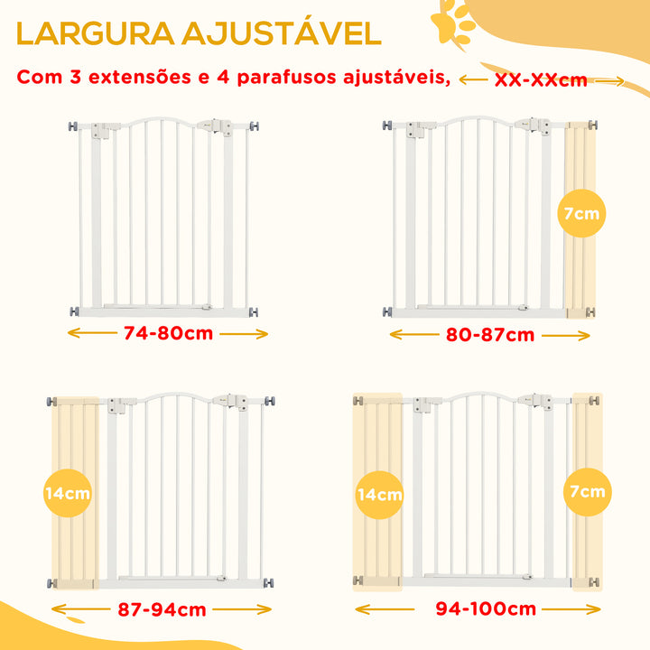 Barreira de Segurança para Cães Barreira com Largura Ajustável 74-100 cm Barreira para Cães com Extensões para Escadas e Portas Branco