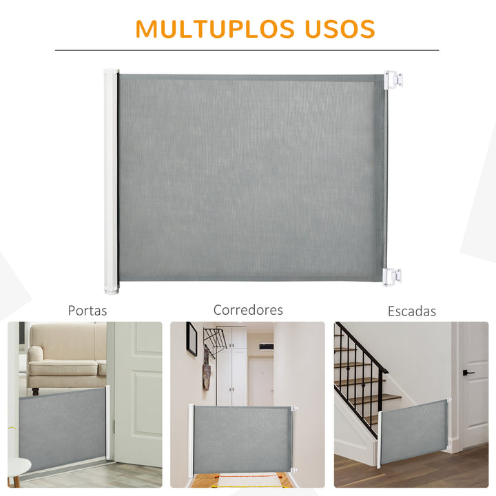 Barreira de Segurança para Cães e Crianças Extensível Grade Retrátil para Animais de Estimação com Extensão Aço e Tecido de Textilene para Escadas e Portas 5,5-115x5,5x82,5cm Cinza
