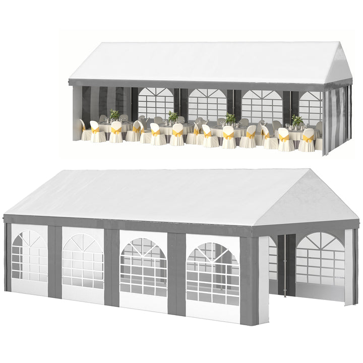 Tenda para Festa 4x8 m Tenda de Jardim com Paredes Laterais Removíveis Portas e Janelas, Impermeável Anti-UV Tenda para Casamentos Eventos e Exterior Cinzento e Branco