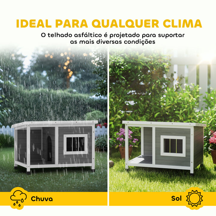 Casa para Cães de Madeira 85,5x62x60cm Casa para Animais de Estimação Casa para Cães com Teto Asfáltico Impermeável e Janela para Interior e Exterior Cinza