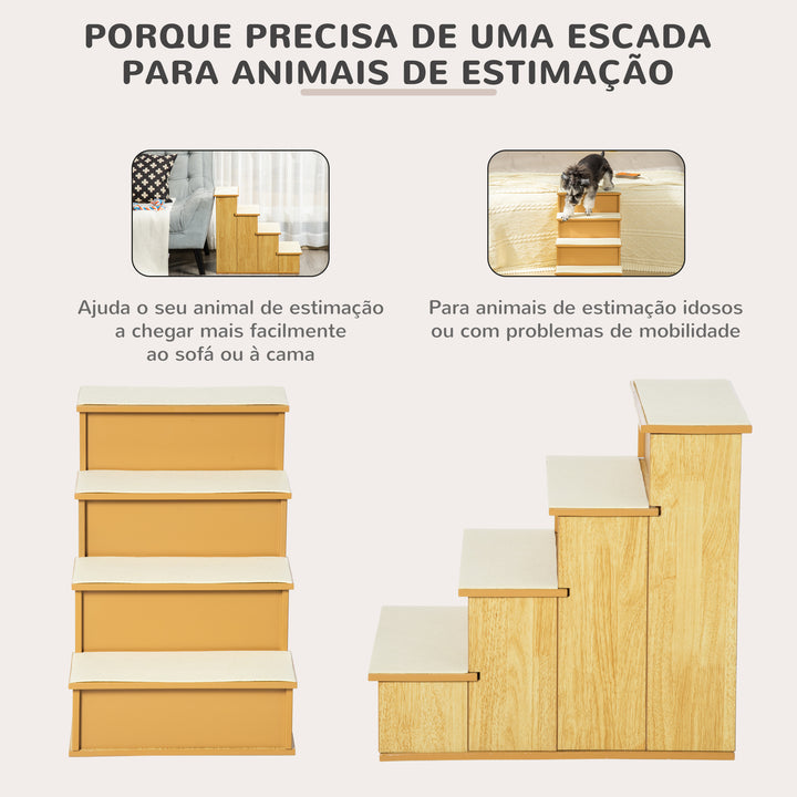 Escada para Animais de Estimação de 4 Degraus Escada para Cães e Gatos com Tapetes Antideslizantes Removíveis Carga 30 kg para Cama Sofá 40x59x54,2 cm Madeira e Creme
