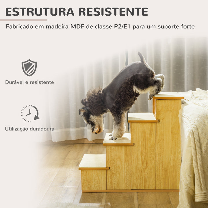 Escada para Animais de Estimação de 4 Degraus Escada para Cães e Gatos com Tapetes Antideslizantes Removíveis Carga 30 kg para Cama Sofá 40x59x54,2 cm Madeira e Creme