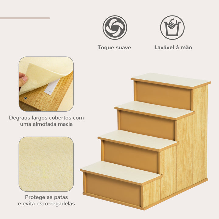 Escada para Animais de Estimação de 4 Degraus Escada para Cães e Gatos com Tapetes Antideslizantes Removíveis Carga 30 kg para Cama Sofá 40x59x54,2 cm Madeira e Creme