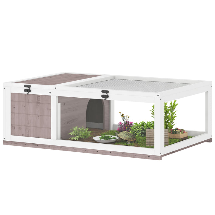 Casa para Tartarugas de Madeira Terrario para Reptéis com Teto de Malha Painéis Laterais Transparentes e Trava de Segurança 91x60,5x32 cm Castanho Acinzentado