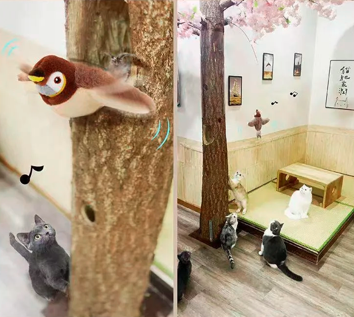 Flupytoy Brinquedo Interativo de Pelúcia com Sensor de Toque e Catnip – Pássaro pardal Recarregável com Som e Asas em Movimento para Gatos de Interior