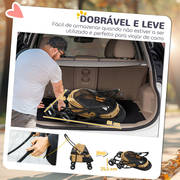Carrinho para Animais de Estimação Dobrável Carrinho de Passeio para Cães e Gatos com Janela de Malha Almofada Lavável Arnês de Segurança e Estrutura de Aço 82x47x97cm Marrom