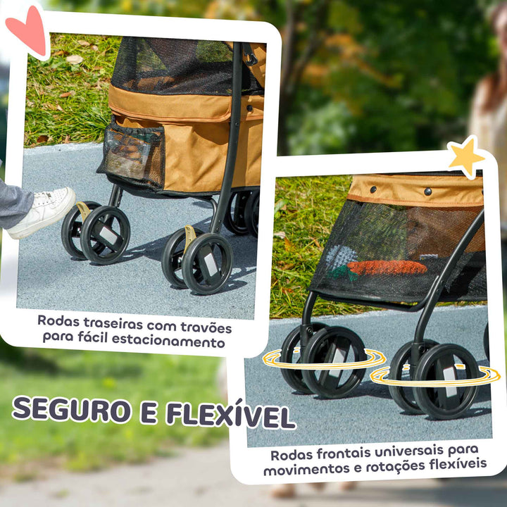 Carrinho para Animais de Estimação Dobrável Carrinho de Passeio para Cães e Gatos com Janela de Malha Almofada Lavável Arnês de Segurança e Estrutura de Aço 82x47x97cm Marrom