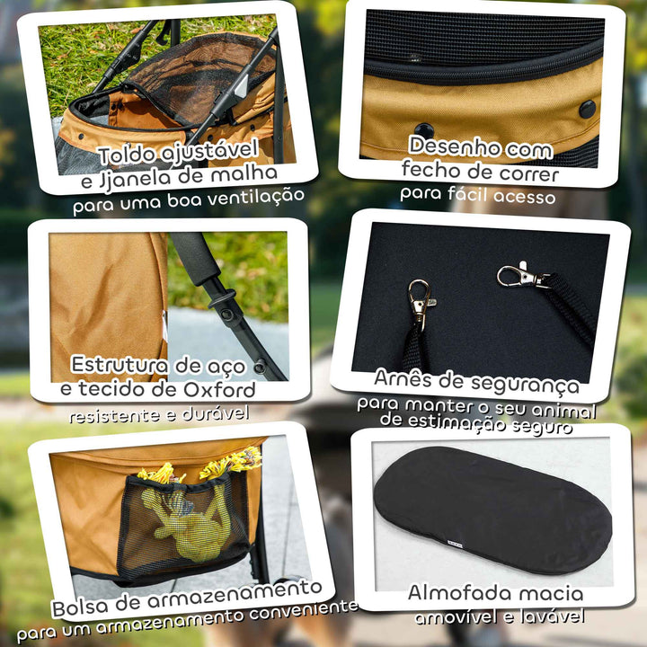 Carrinho para Animais de Estimação Dobrável Carrinho de Passeio para Cães e Gatos com Janela de Malha Almofada Lavável Arnês de Segurança e Estrutura de Aço 82x47x97cm Marrom
