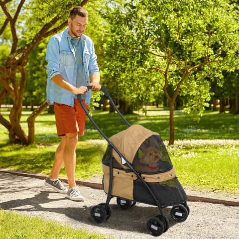 Carrinho para Animais de Estimação Dobrável Carrinho de Passeio para Cães e Gatos com Janela de Malha Almofada Lavável Arnês de Segurança e Estrutura de Aço 82x47x97cm Marrom