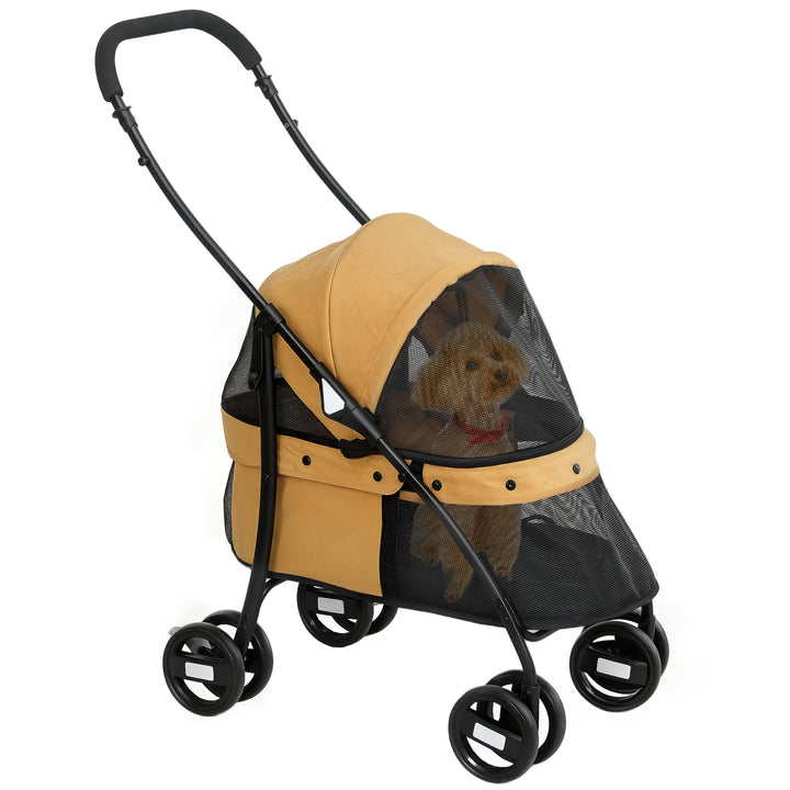 Carrinho para Animais de Estimação Dobrável Carrinho de Passeio para Cães e Gatos com Janela de Malha Almofada Lavável Arnês de Segurança e Estrutura de Aço 82x47x97cm Marrom