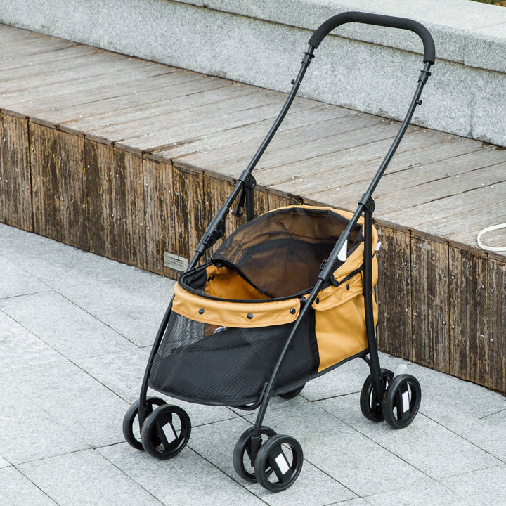 Carrinho para Animais de Estimação Dobrável Carrinho de Passeio para Cães e Gatos com Janela de Malha Almofada Lavável Arnês de Segurança e Estrutura de Aço 82x47x97cm Marrom
