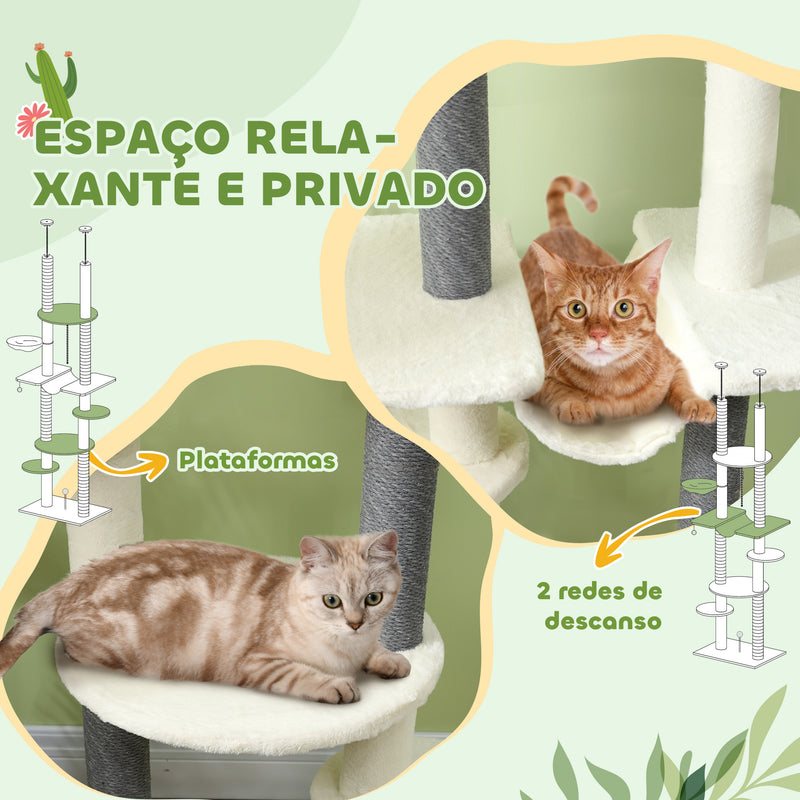 Arranhador para Gatos do Chão ao Teto 225-255 cm Arranhador para Gatos com 7 Níveis Rede Plataformas Postes de Arranhar Bola Suspensa Creme e Cinza