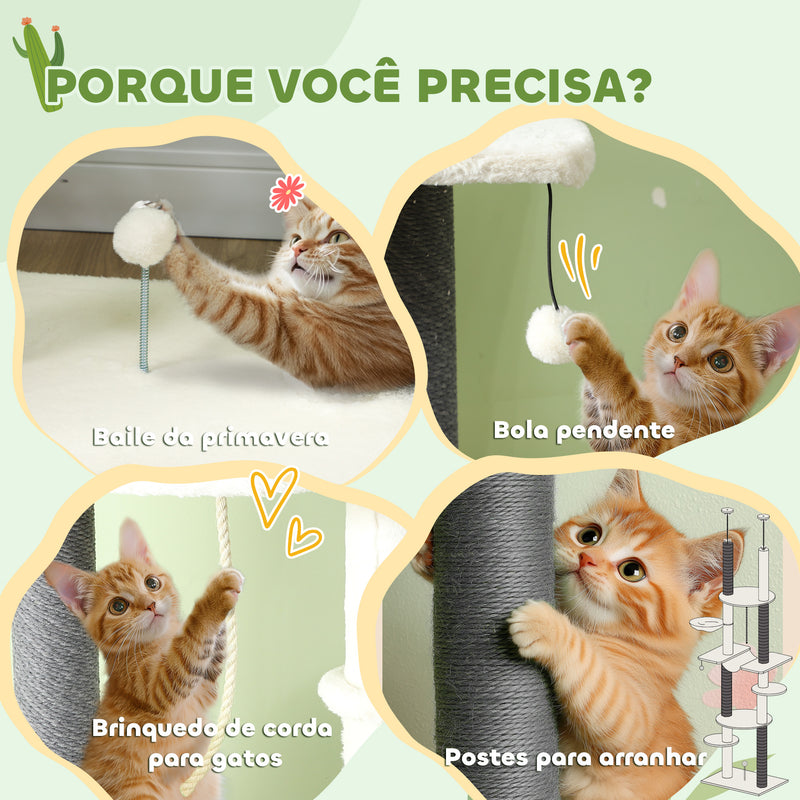 Arranhador para Gatos do Chão ao Teto 225-255 cm Arranhador para Gatos com 7 Níveis Rede Plataformas Postes de Arranhar Bola Suspensa Creme e Cinza