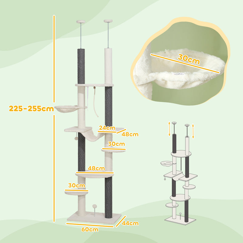 Arranhador para Gatos do Chão ao Teto 225-255 cm Arranhador para Gatos com 7 Níveis Rede Plataformas Postes de Arranhar Bola Suspensa Creme e Cinza