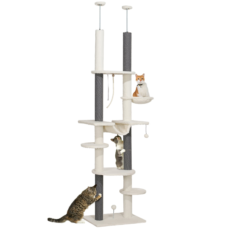 Arranhador para Gatos do Chão ao Teto 225-255 cm Arranhador para Gatos com 7 Níveis Rede Plataformas Postes de Arranhar Bola Suspensa Creme e Cinza