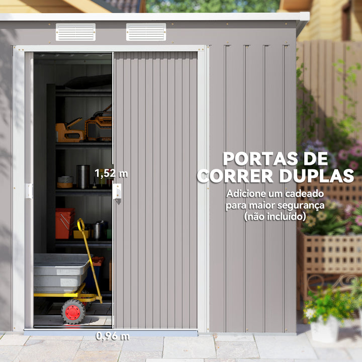 Abrigo de Jardim 213x130x172 cm Abrigo de Exterior de Aço Galvanizado com Porta Corredeira e Ventilações para Armazenamento de Ferramentas Cinza Claro