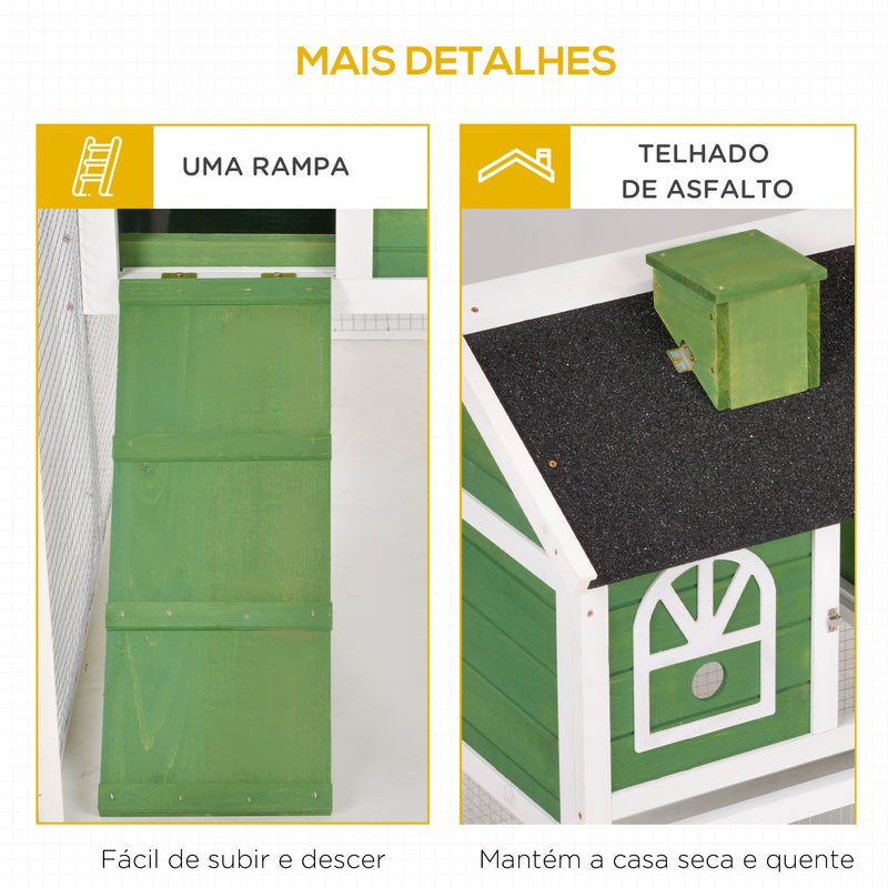 Coelheira de Madeira 120x60x79 cm Coelheira Grande com Teto Asfáltico Bandeja Removível Escada e Chaminé para Exterior Verde