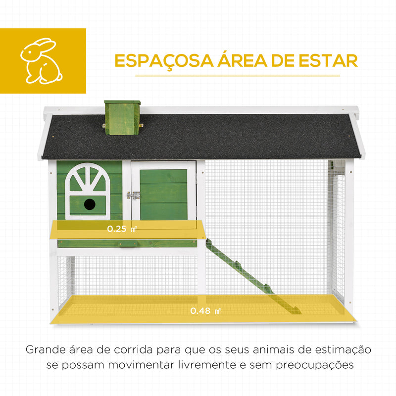 Coelheira de Madeira 120x60x79 cm Coelheira Grande com Teto Asfáltico Bandeja Removível Escada e Chaminé para Exterior Verde