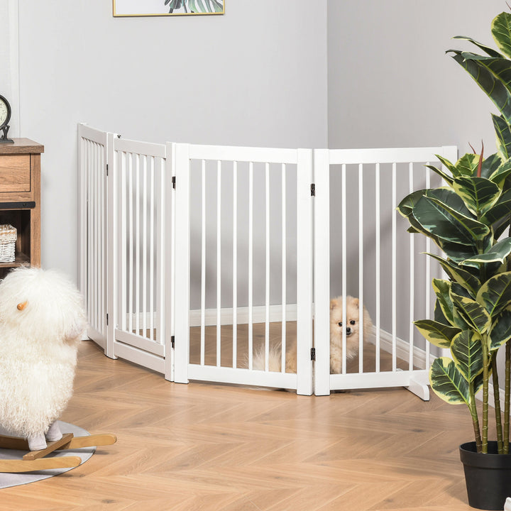 Barreira de Segurança para Cães em Madeira Dobrável para Escadas e Portas Veda para Cães Pequenos e Médios de 4 Painéis com Suporte de Pé para Interiores 204x36x75 cm Branco
