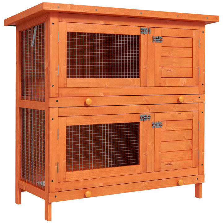 Coelheira de Madeira Exterior de 2 Níveis Gaiola para 1-2 Coelhos Animais Pequenos com Teto Asfáltico Dobrável e 2 Bandejas Removíveis 90x45x90cm Madeira