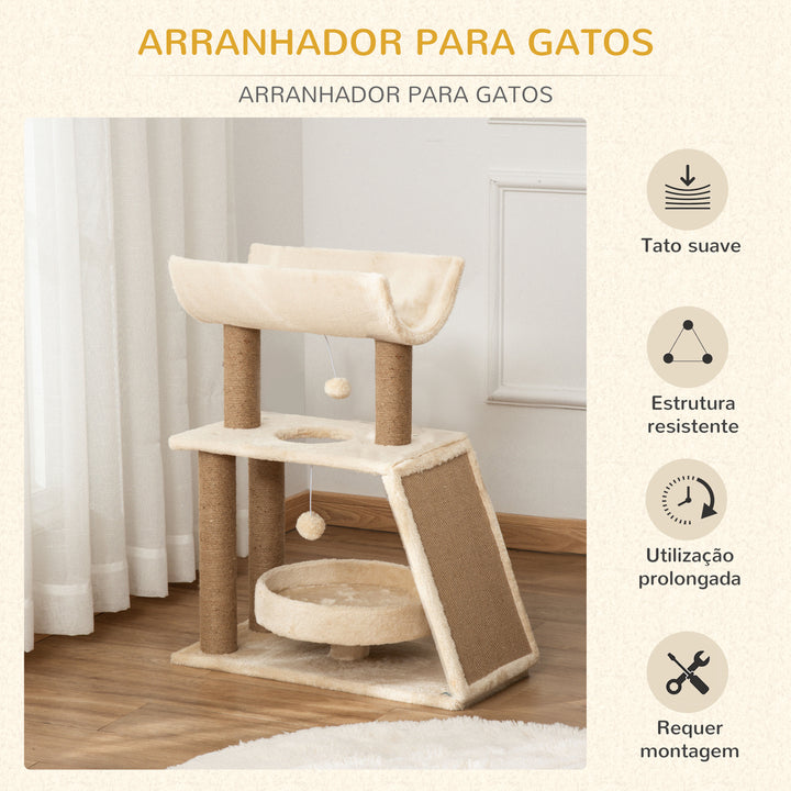 Arrador para Gatos Arranhador para Gatos Altura 76 cm com 4 Postes de Arranhar Cama Plataforma em U Almofada para Arranhar Bolas Suspensas Bege e Castanho Claro