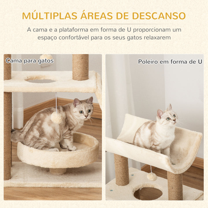 Arrador para Gatos Arranhador para Gatos Altura 76 cm com 4 Postes de Arranhar Cama Plataforma em U Almofada para Arranhar Bolas Suspensas Bege e Castanho Claro