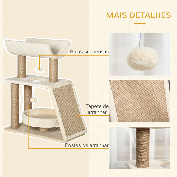 Arrador para Gatos Arranhador para Gatos Altura 76 cm com 4 Postes de Arranhar Cama Plataforma em U Almofada para Arranhar Bolas Suspensas Bege e Castanho Claro