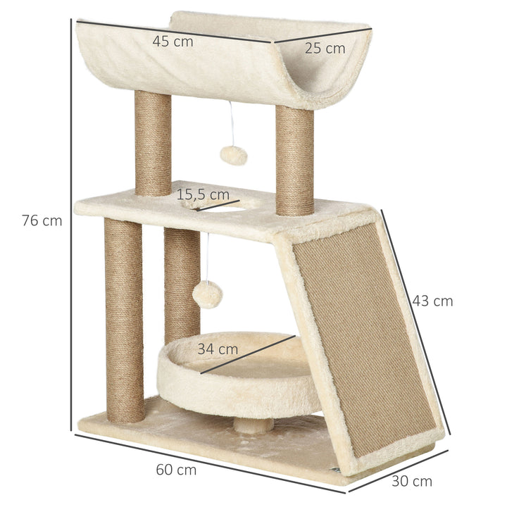 Arrador para Gatos Arranhador para Gatos Altura 76 cm com 4 Postes de Arranhar Cama Plataforma em U Almofada para Arranhar Bolas Suspensas Bege e Castanho Claro