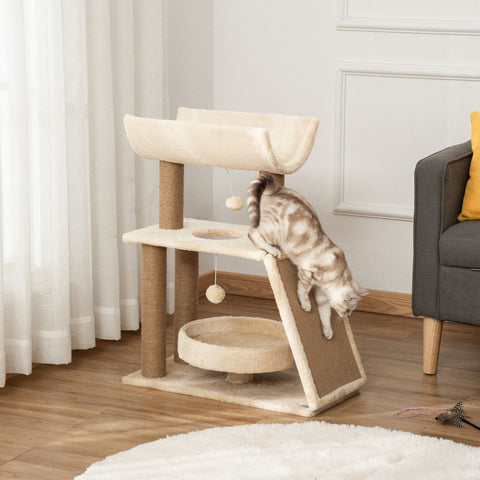 Arrador para Gatos Arranhador para Gatos Altura 76 cm com 4 Postes de Arranhar Cama Plataforma em U Almofada para Arranhar Bolas Suspensas Bege e Castanho Claro