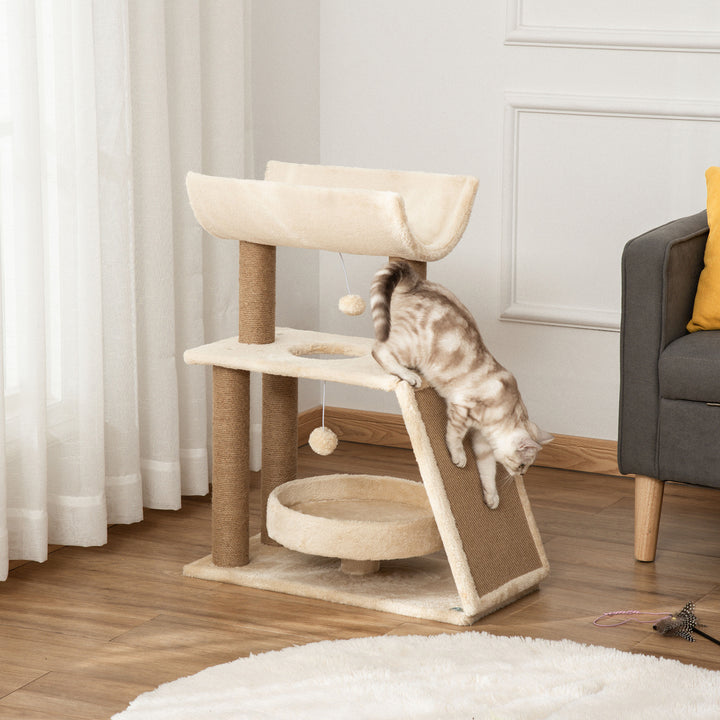 Arrador para Gatos Arranhador para Gatos Altura 76 cm com 4 Postes de Arranhar Cama Plataforma em U Almofada para Arranhar Bolas Suspensas Bege e Castanho Claro