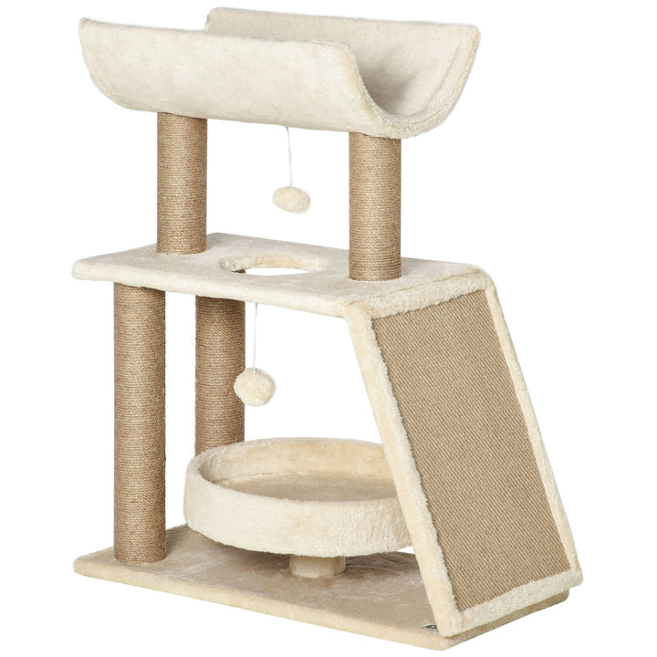 Arrador para Gatos Arranhador para Gatos Altura 76 cm com 4 Postes de Arranhar Cama Plataforma em U Almofada para Arranhar Bolas Suspensas Bege e Castanho Claro