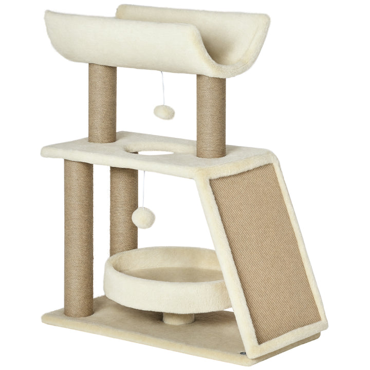 Arrador para Gatos Arranhador para Gatos Altura 76 cm com 4 Postes de Arranhar Cama Plataforma em U Almofada para Arranhar Bolas Suspensas Bege e Castanho Claro