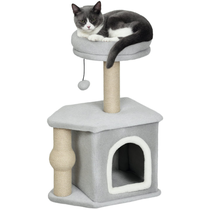 Arranhador para Gatos Altura 66 cm Arranhador para Gatos com Cama Caverna Plataforma Bola Suspensa e Poste de Juta 42x30x66 cm Cinza
