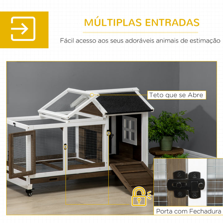 Coelheira de Madeira com Rodas 108x58x73,5cm Gaiola para 1-2 Coelhos com Teto Abatível Cerca Metálica Bandeja Amovível Portas com Trava e Rampa Marrom Café e Branco