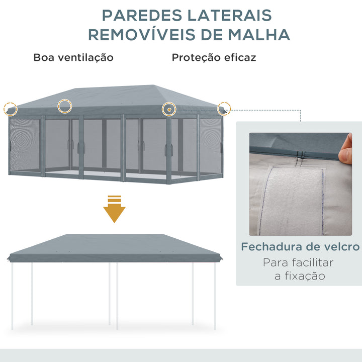 Tenda Dobrável 585x295x270 cm Tenda de Jardim com 6 Mosquiteiros Bolsa de Transporte e Estrutura de Aço para Campismo Festas Cinza