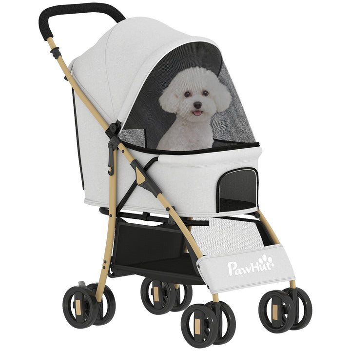 Carrinho para Cães Dobrável com Capota Ajustável Cesta de Armazenamento e Corda de Segurança para Animais de Estimação até 15 kg, 80x44,5x97 cm Cinzento Claro