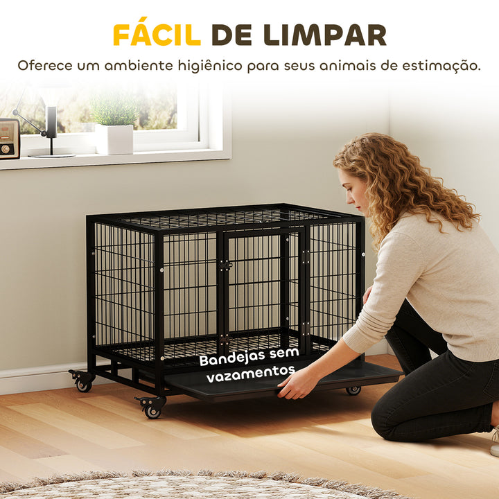 Jaula de Metal para Mascotes tipo Cão Grande com Rodas e Bandejas Removíveis - 92x62x75cm